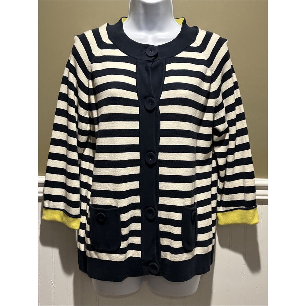 LL Bean Navy Blue White Yellow Striped Cardigan Button With Pockets L